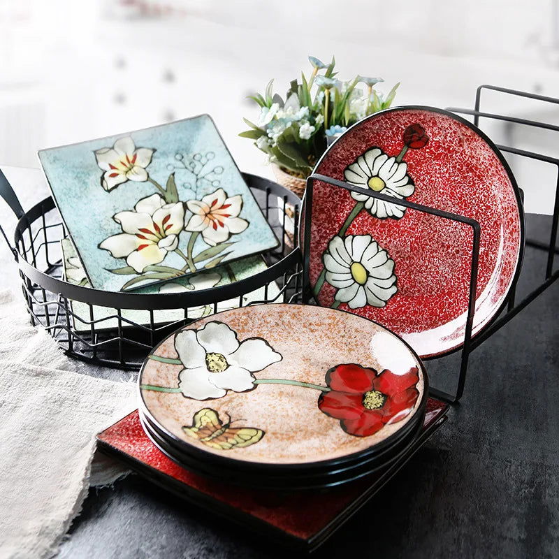 Japanese Style Kiln Flower Tableware High-End Restaurant, Ceramic Plates & Wind Flat Floral Dish Underglaze Vintage Colors - Grand Goldman