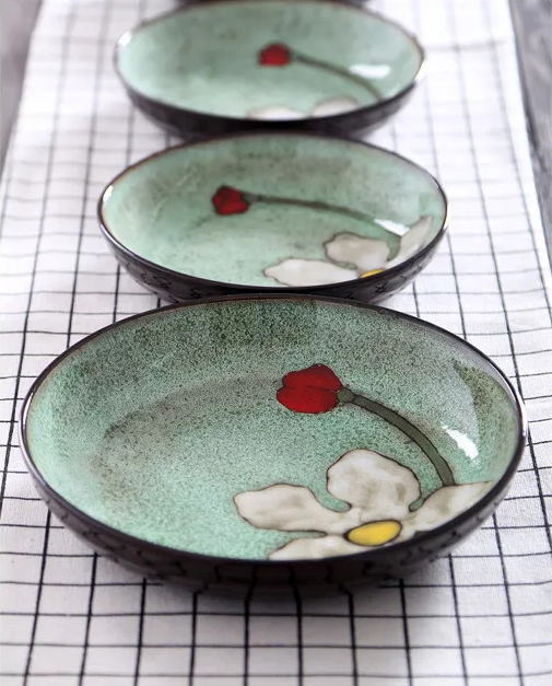 Japanese Style Kiln Flower Tableware High-End Restaurant, Ceramic Plates & Wind Flat Floral Dish Underglaze Vintage Colors - Grand Goldman