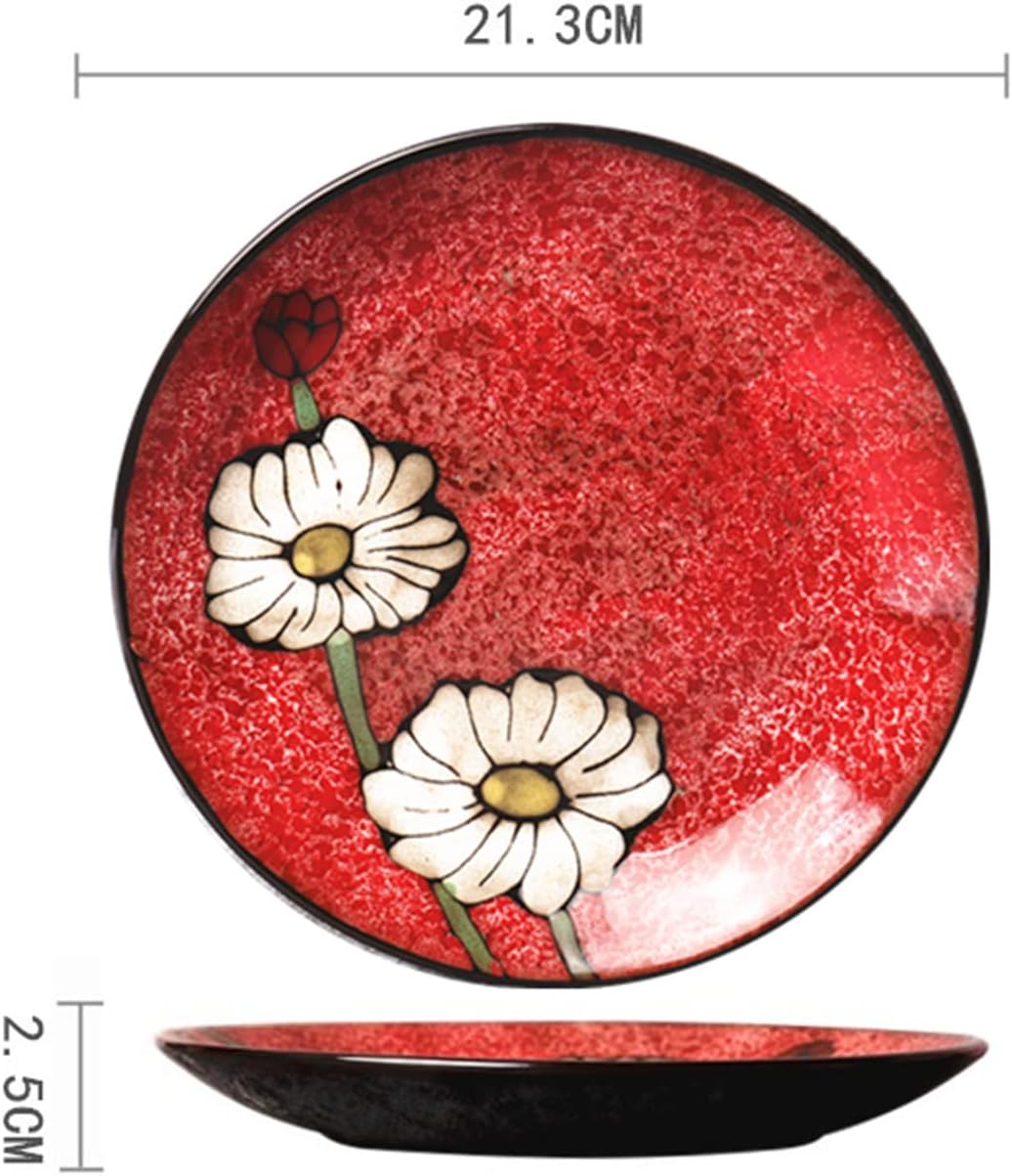 Japanese Style Kiln Flower Tableware High-End Restaurant, Ceramic Plates & Wind Flat Floral Dish Underglaze Vintage Colors - Grand Goldman