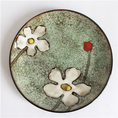 Japanese Style Kiln Flower Tableware High-End Restaurant, Ceramic Plates & Wind Flat Floral Dish Underglaze Vintage Colors - Grand Goldman
