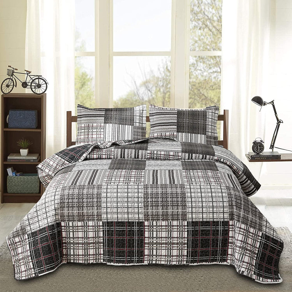 Jessy Home Bedspread Set Queen Size Quilt Set Bedding Lightweight Bedspread Plaid Patchwork Bedding Reversible Quilt Stripe Line Style Mens Quilts Coverlet Soft Breathable Bedspread Queen Bed - Grand Goldman