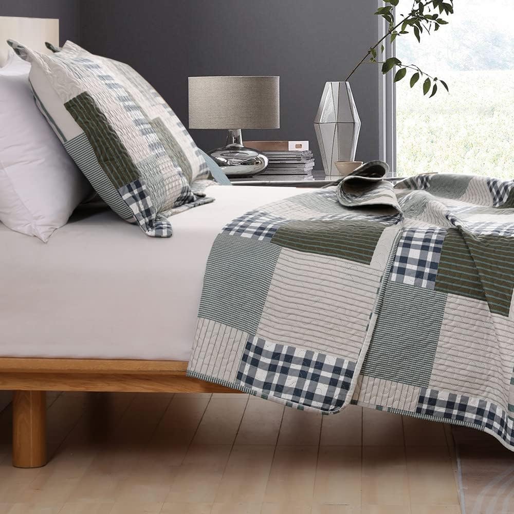 Jessy Home Bedspread Set Queen Size Quilt Set Bedding Lightweight Bedspread Plaid Patchwork Bedding Reversible Quilt Stripe Line Style Mens Quilts Coverlet Soft Breathable Bedspread Queen Bed - Grand Goldman