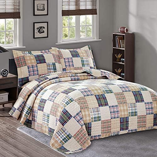 Jessy Home Bedspread Set Queen Size Quilt Set Bedding Lightweight Bedspread Plaid Patchwork Bedding Reversible Quilt Stripe Line Style Mens Quilts Coverlet Soft Breathable Bedspread Queen Bed - Grand Goldman