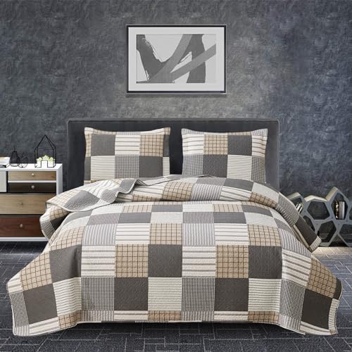 Jessy Home Bedspread Set Queen Size Quilt Set Bedding Lightweight Bedspread Plaid Patchwork Bedding Reversible Quilt Stripe Line Style Mens Quilts Coverlet Soft Breathable Bedspread Queen Bed - Grand Goldman