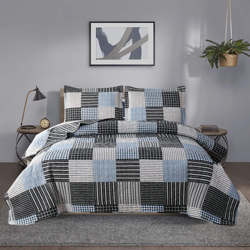 Jessy Home Bedspread Set Queen Size Quilt Set Bedding Lightweight Bedspread Plaid Patchwork Bedding Reversible Quilt Stripe Line Style Mens Quilts Coverlet Soft Breathable Bedspread Queen Bed - Grand Goldman