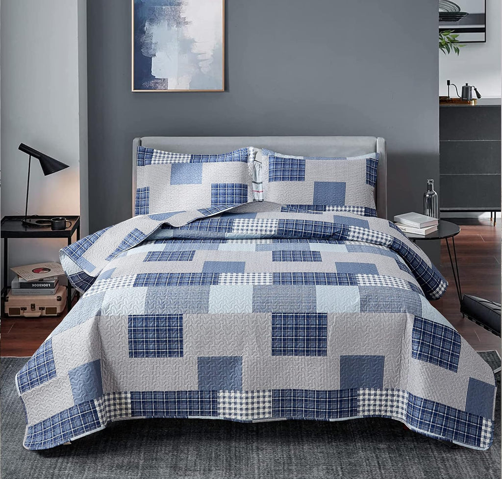 Jessy Home Bedspread Set Queen Size Quilt Set Bedding Lightweight Bedspread Plaid Patchwork Bedding Reversible Quilt Stripe Line Style Mens Quilts Coverlet Soft Breathable Bedspread Queen Bed - Grand Goldman