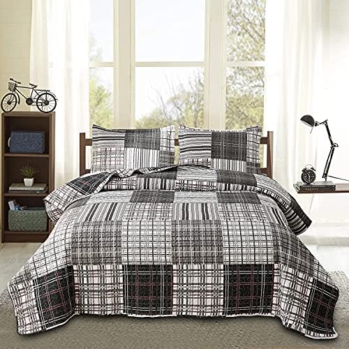 Jessy Home Bedspread Set Queen Size Quilt Set Bedding Lightweight Bedspread Plaid Patchwork Bedding Reversible Quilt Stripe Line Style Mens Quilts Coverlet Soft Breathable Bedspread Queen Bed - Grand Goldman