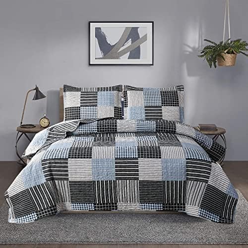 Jessy Home Bedspread Set Queen Size Quilt Set Bedding Lightweight Bedspread Plaid Patchwork Bedding Reversible Quilt Stripe Line Style Mens Quilts Coverlet Soft Breathable Bedspread Queen Bed - Grand Goldman
