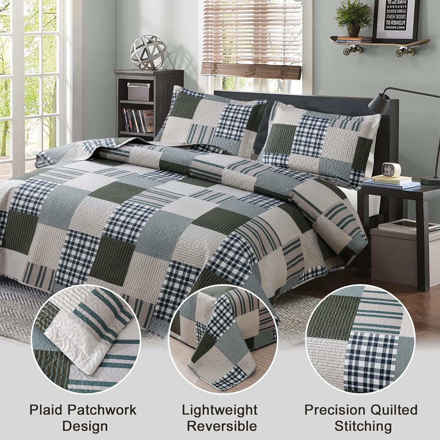 Jessy Home Bedspread Set Queen Size Quilt Set Bedding Lightweight Bedspread Plaid Patchwork Bedding Reversible Quilt Stripe Line Style Mens Quilts Coverlet Soft Breathable Bedspread Queen Bed - Grand Goldman