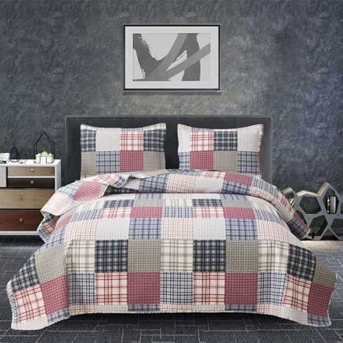 Jessy Home Bedspread Set Queen Size Quilt Set Bedding Lightweight Bedspread Plaid Patchwork Bedding Reversible Quilt Stripe Line Style Mens Quilts Coverlet Soft Breathable Bedspread Queen Bed - Grand Goldman