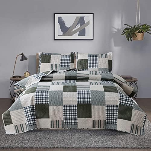 Jessy Home Bedspread Set Queen Size Quilt Set Bedding Lightweight Bedspread Plaid Patchwork Bedding Reversible Quilt Stripe Line Style Mens Quilts Coverlet Soft Breathable Bedspread Queen Bed - Grand Goldman