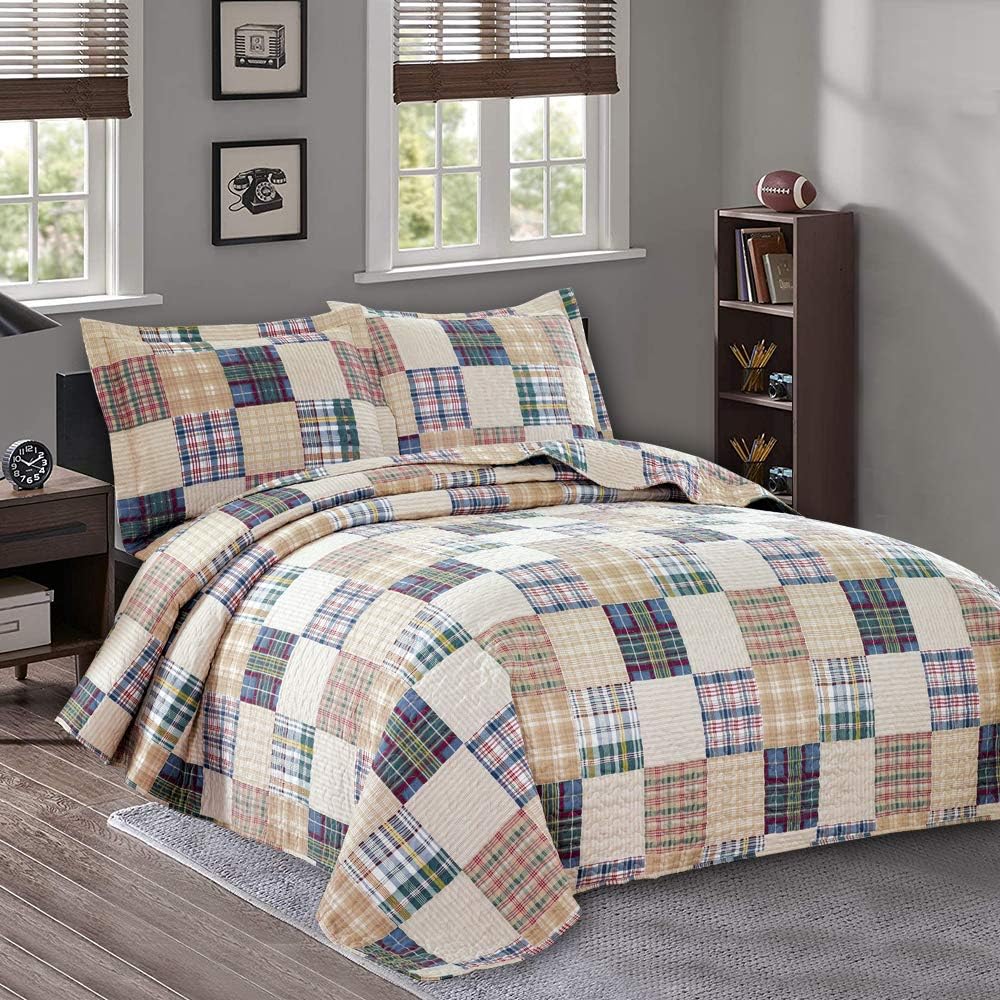 Jessy Home Bedspread Set Queen Size Quilt Set Bedding Lightweight Bedspread Plaid Patchwork Bedding Reversible Quilt Stripe Line Style Mens Quilts Coverlet Soft Breathable Bedspread Queen Bed - Grand Goldman