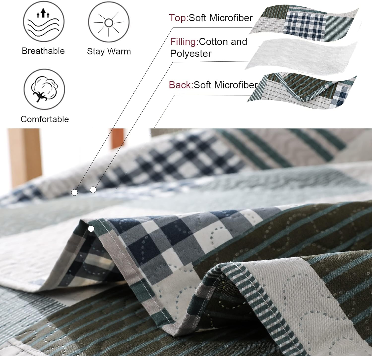 Jessy Home Bedspread Set Queen Size Quilt Set Bedding Lightweight Bedspread Plaid Patchwork Bedding Reversible Quilt Stripe Line Style Mens Quilts Coverlet Soft Breathable Bedspread Queen Bed - Grand Goldman