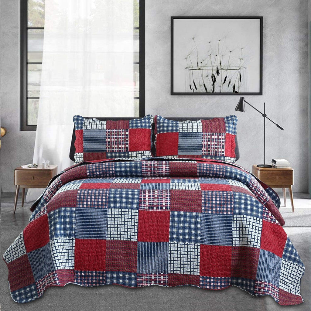 Jessy Home Bedspread Set Queen Size Quilt Set Bedding Lightweight Bedspread Plaid Patchwork Bedding Reversible Quilt Stripe Line Style Mens Quilts Coverlet Soft Breathable Bedspread Queen Bed - Grand Goldman