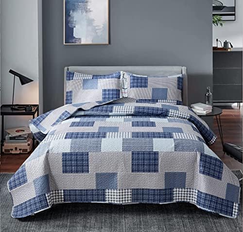 Jessy Home Bedspread Set Queen Size Quilt Set Bedding Lightweight Bedspread Plaid Patchwork Bedding Reversible Quilt Stripe Line Style Mens Quilts Coverlet Soft Breathable Bedspread Queen Bed - Grand Goldman