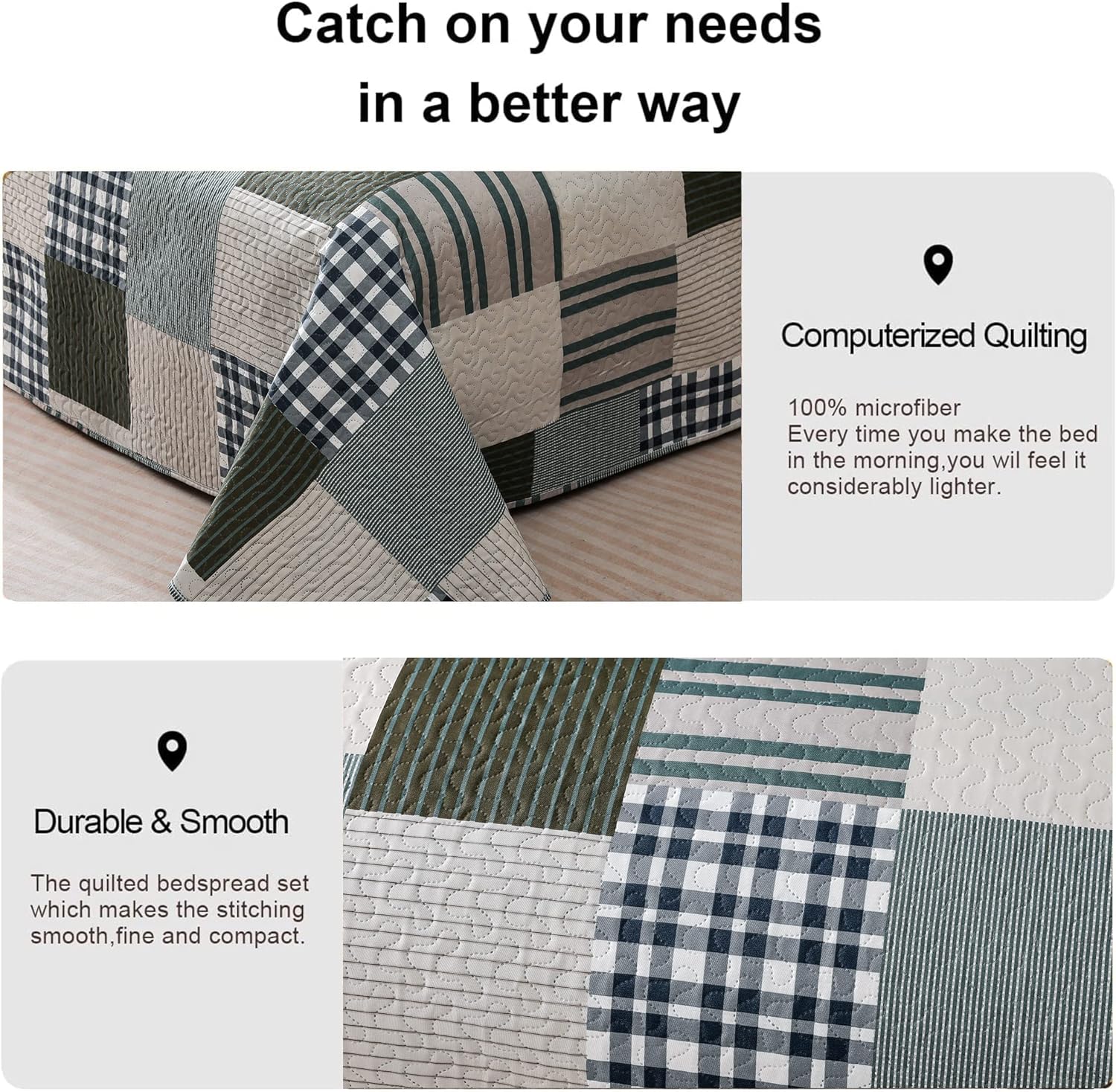 Jessy Home Bedspread Set Queen Size Quilt Set Bedding Lightweight Bedspread Plaid Patchwork Bedding Reversible Quilt Stripe Line Style Mens Quilts Coverlet Soft Breathable Bedspread Queen Bed - Grand Goldman