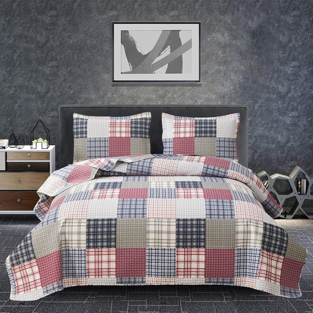 Jessy Home Bedspread Set Queen Size Quilt Set Bedding Lightweight Bedspread Plaid Patchwork Bedding Reversible Quilt Stripe Line Style Mens Quilts Coverlet Soft Breathable Bedspread Queen Bed - Grand Goldman