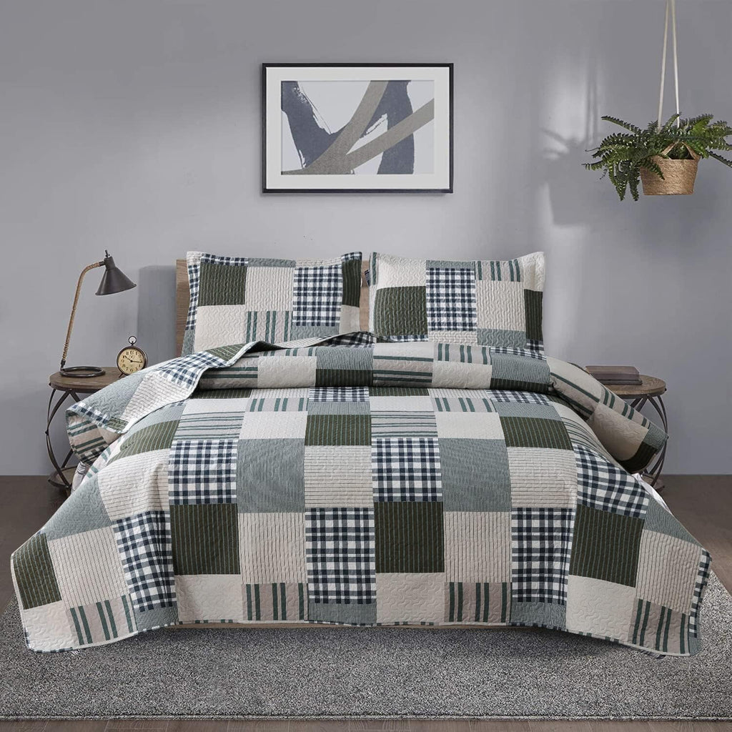 Jessy Home Bedspread Set Queen Size Quilt Set Bedding Lightweight Bedspread Plaid Patchwork Bedding Reversible Quilt Stripe Line Style Mens Quilts Coverlet Soft Breathable Bedspread Queen Bed - Grand Goldman