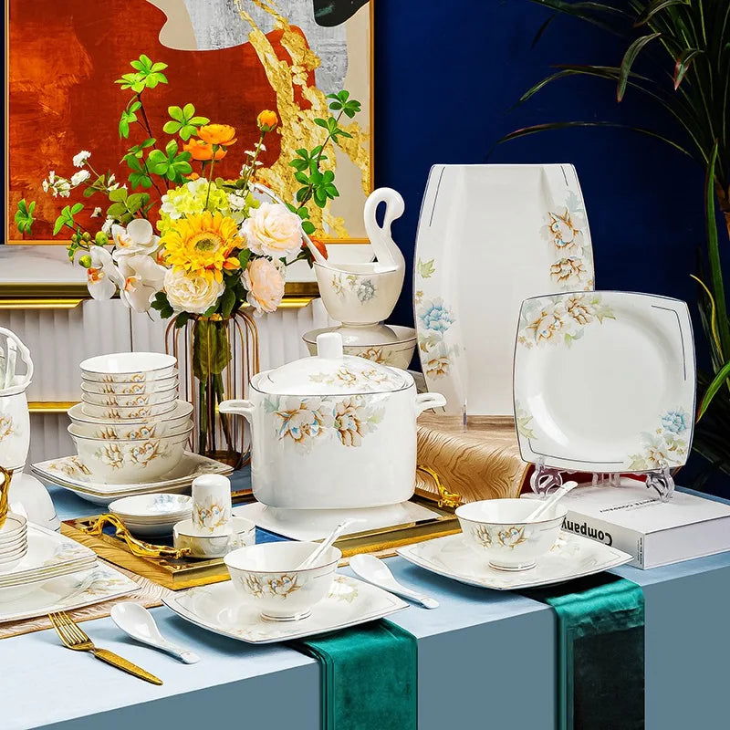 Jingdezhen Bone Porcelain Bowl and Dish Set, Light Luxury Ceramic Tableware Bowl and Chopstick Set - Grand Goldman