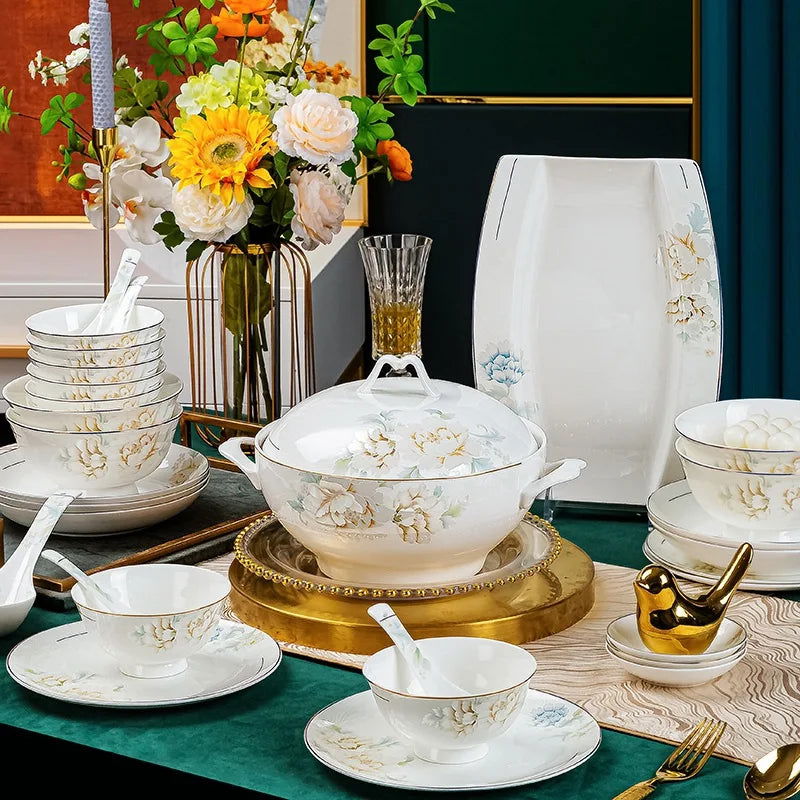 Jingdezhen Bone Porcelain Bowl and Dish Set, Light Luxury Ceramic Tableware Bowl and Chopstick Set - Grand Goldman