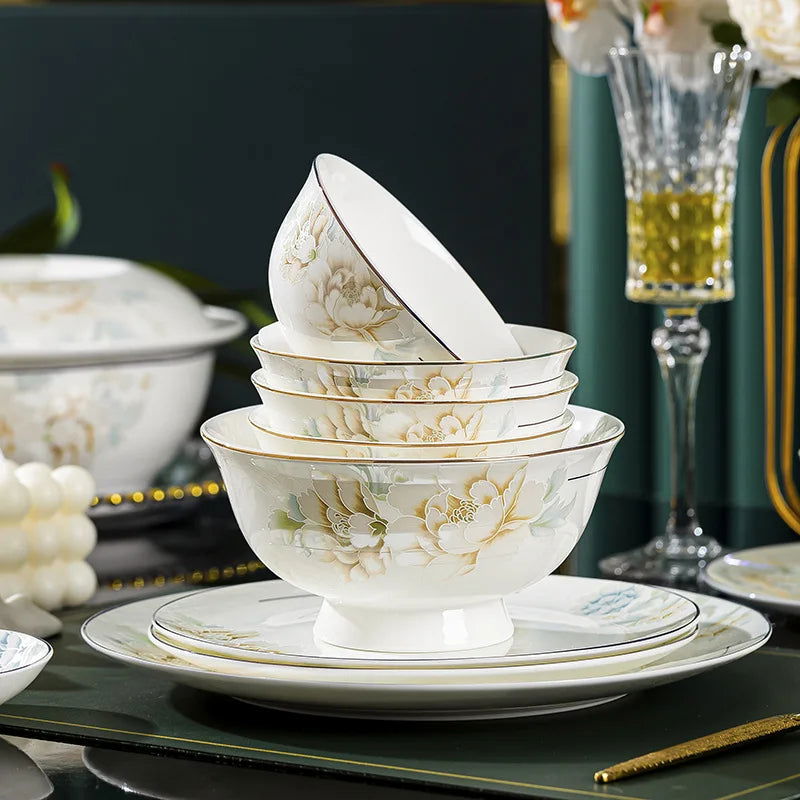 Jingdezhen Bone Porcelain Bowl and Dish Set, Light Luxury Ceramic Tableware Bowl and Chopstick Set - Grand Goldman