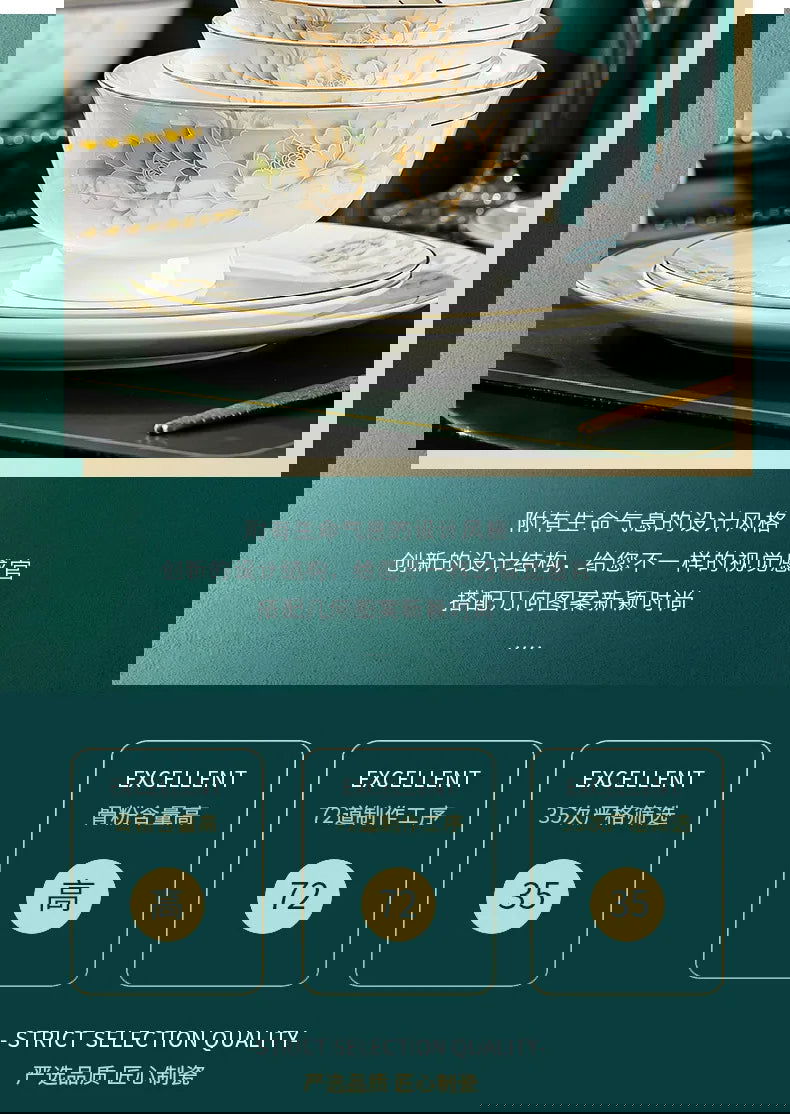 Jingdezhen Bone Porcelain Bowl and Dish Set, Light Luxury Ceramic Tableware Bowl and Chopstick Set - Grand Goldman