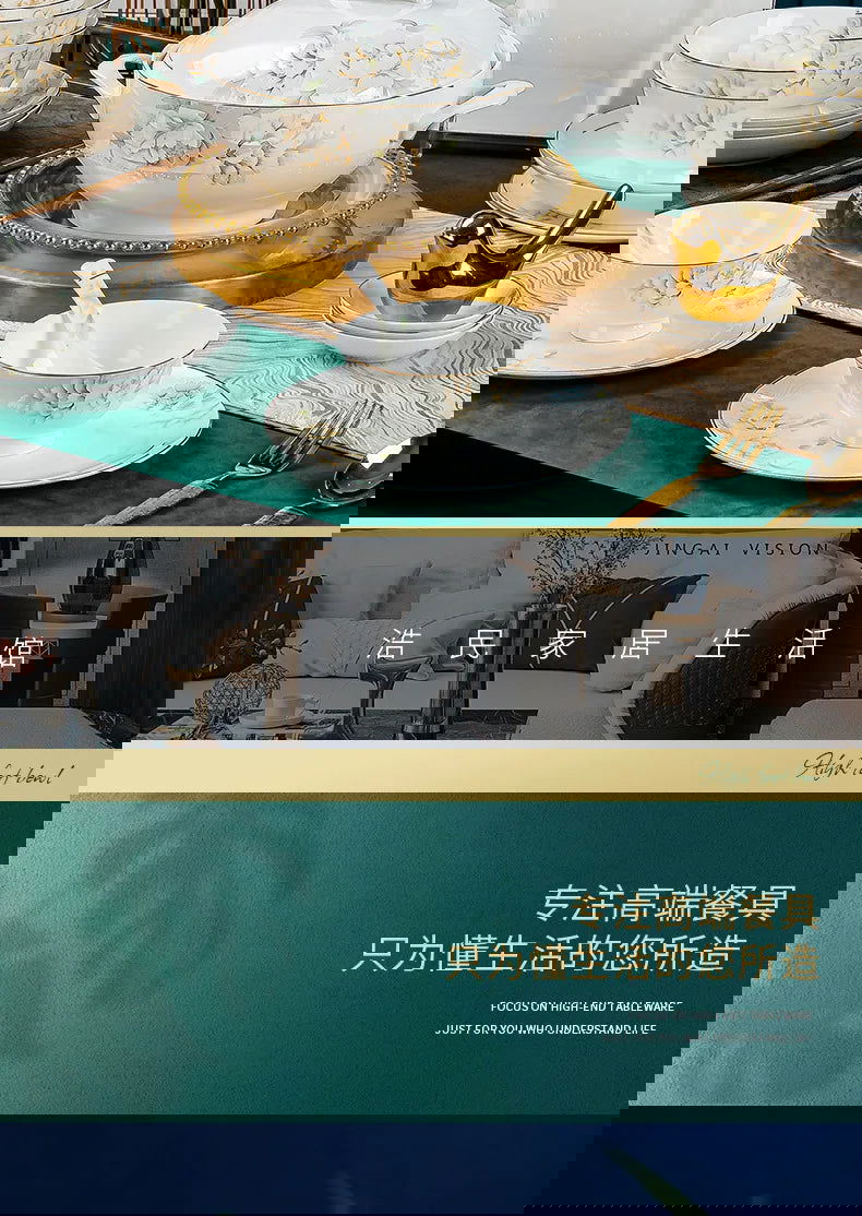 Jingdezhen Bone Porcelain Bowl and Dish Set, Light Luxury Ceramic Tableware Bowl and Chopstick Set - Grand Goldman