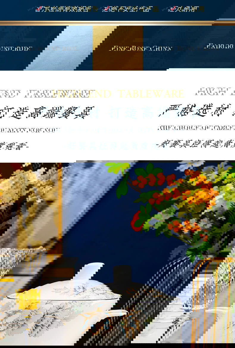 Jingdezhen Bone Porcelain Bowl and Dish Set, Light Luxury Ceramic Tableware Bowl and Chopstick Set - Grand Goldman