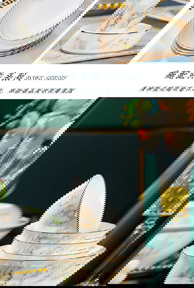 Jingdezhen Bone Porcelain Bowl and Dish Set, Light Luxury Ceramic Tableware Bowl and Chopstick Set - Grand Goldman