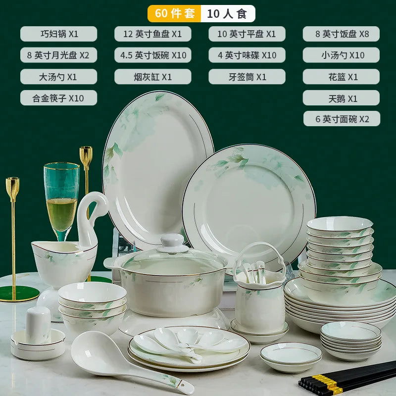 Jingdezhen Bone Porcelain Bowl and Plate Set, Ceramic Tableware Bowl and Chopstick Set - Grand Goldman