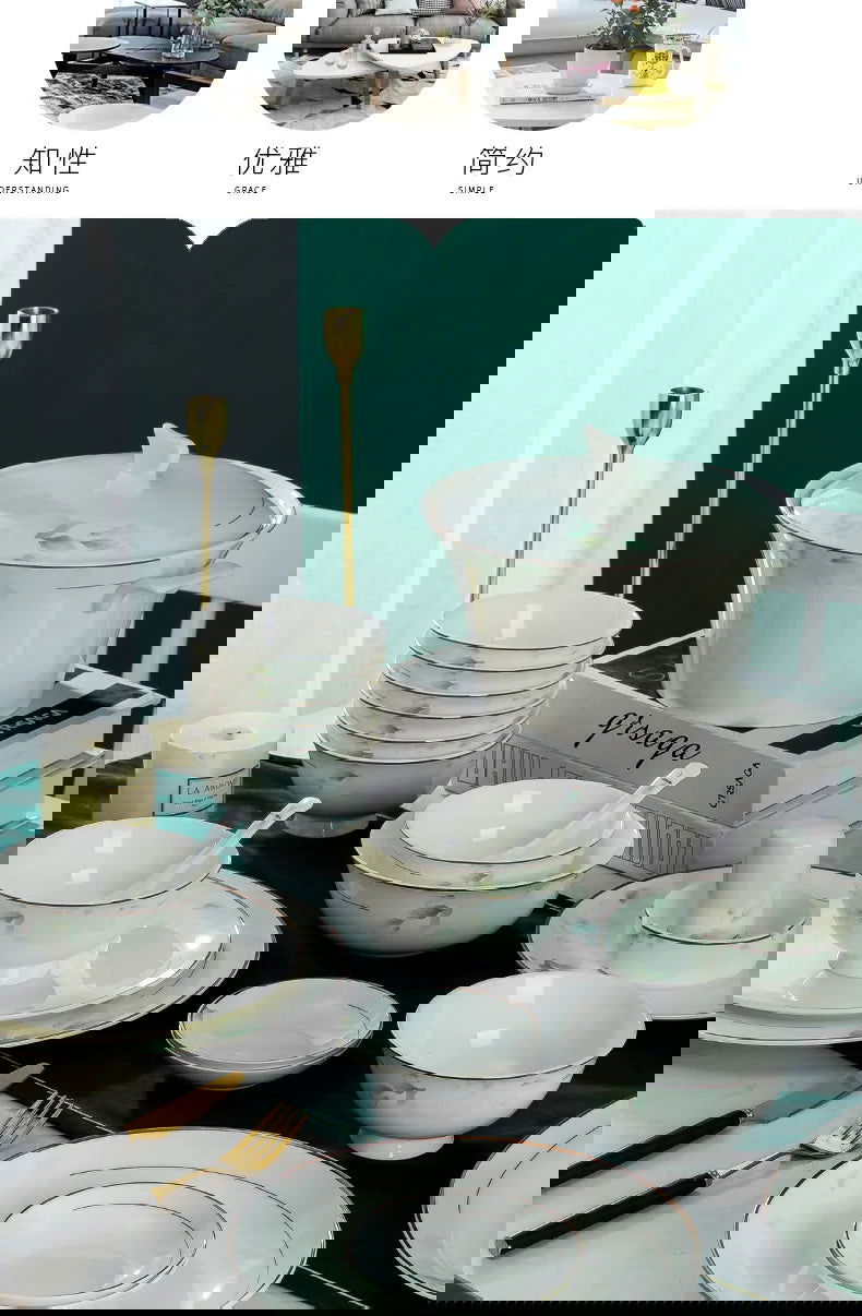 Jingdezhen Bone Porcelain Bowl and Plate Set, Ceramic Tableware Bowl and Chopstick Set - Grand Goldman