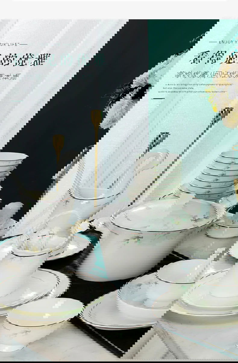 Jingdezhen Bone Porcelain Bowl and Plate Set, Ceramic Tableware Bowl and Chopstick Set - Grand Goldman