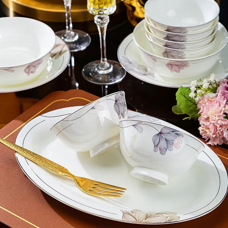 Jingdezhen Bone Porcelain Tableware New Chinese Style Bowls, Chopsticks, Dishes, Household Ceramic Bowl and Dish Set - Grand Goldman