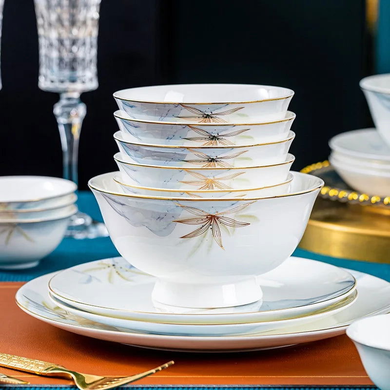 Jingdezhen Bowl and Chopstick Combination, New Chinese Light Luxury Ceramic Tableware Bowl and Plate Set - Grand Goldman