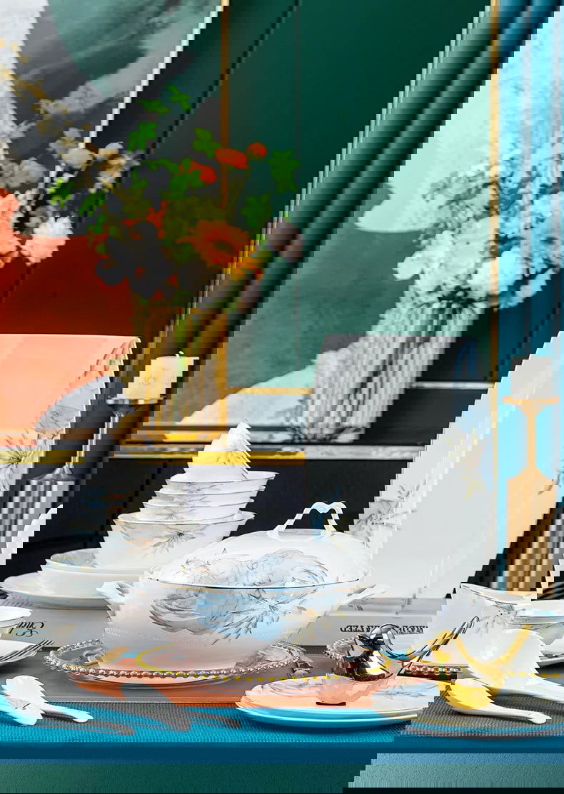 Jingdezhen Bowl and Chopstick Combination, New Chinese Light Luxury Ceramic Tableware Bowl and Plate Set - Grand Goldman