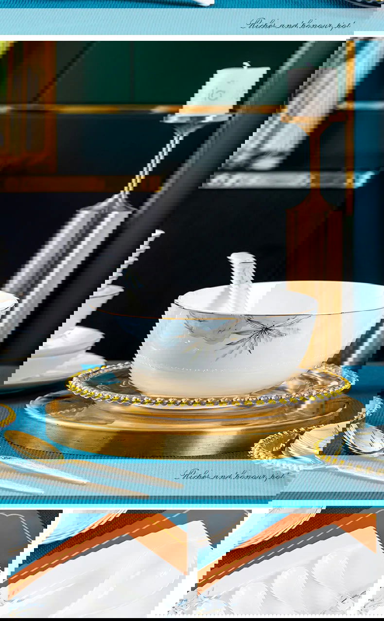 Jingdezhen Bowl and Chopstick Combination, New Chinese Light Luxury Ceramic Tableware Bowl and Plate Set - Grand Goldman