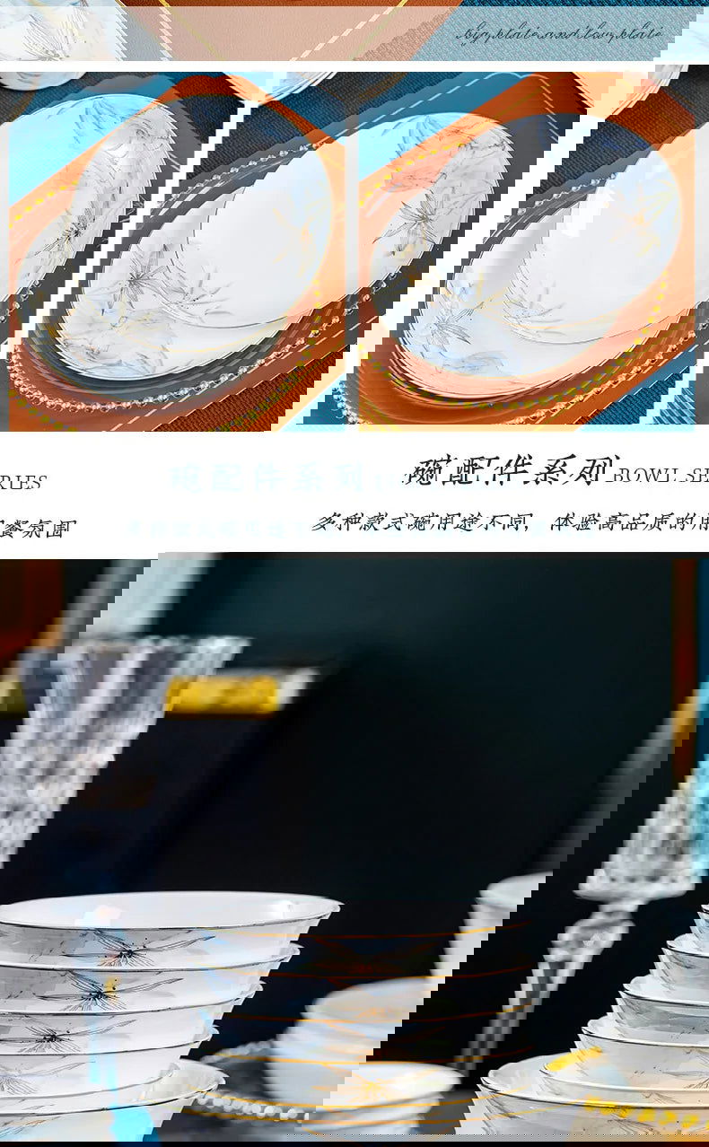 Jingdezhen Bowl and Chopstick Combination, New Chinese Light Luxury Ceramic Tableware Bowl and Plate Set - Grand Goldman