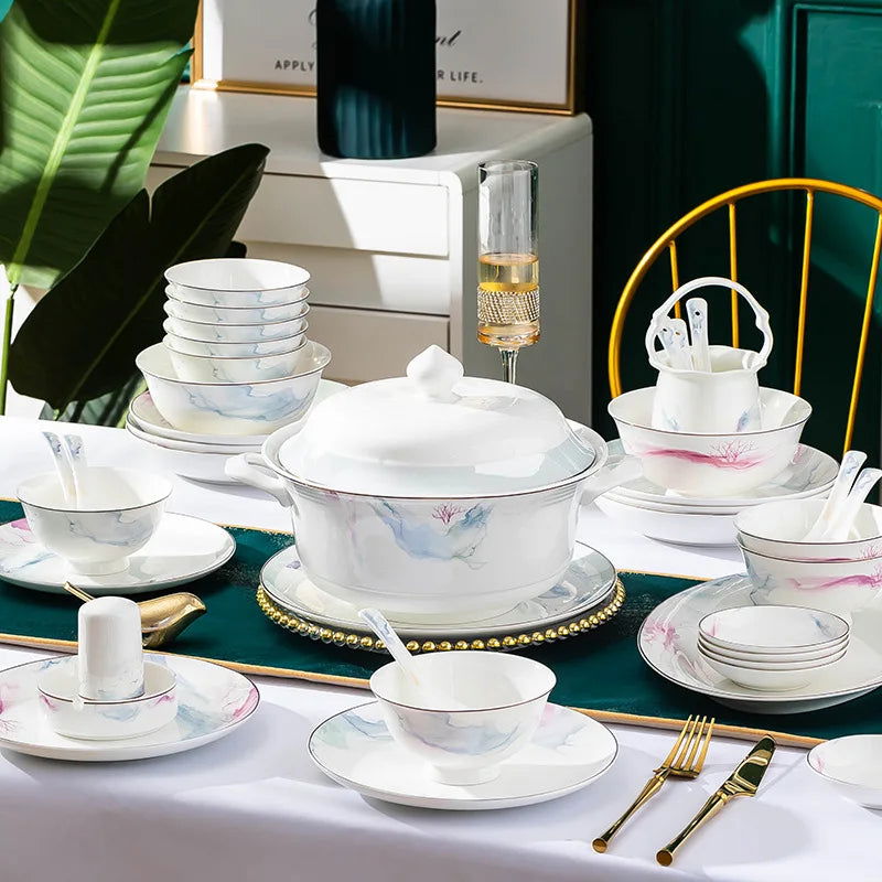 Jingdezhen Ceramic Bowl and Dish Set, Bone Porcelain Bowl and Chopstick Household Tableware Set - Grand Goldman