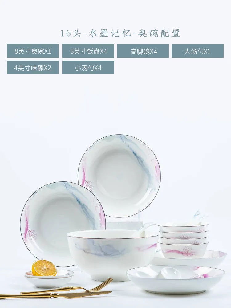 Jingdezhen Ceramic Bowl and Dish Set, Bone Porcelain Bowl and Chopstick Household Tableware Set - Grand Goldman