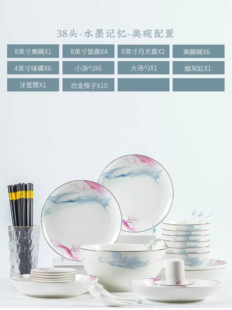 Jingdezhen Ceramic Bowl and Dish Set, Bone Porcelain Bowl and Chopstick Household Tableware Set - Grand Goldman