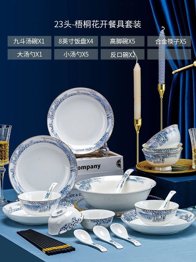 Jingdezhen Ceramic Bowls, Dishes and Dishes Full Set of Porcelain Bowls, Blue and white porcelain Bone Porcelain Tableware Set - Grand Goldman