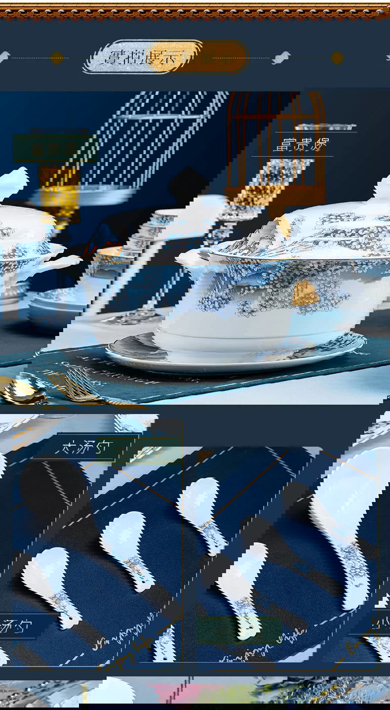 Jingdezhen Ceramic Bowls, Dishes and Dishes Full Set of Porcelain Bowls, Blue and white porcelain Bone Porcelain Tableware Set - Grand Goldman