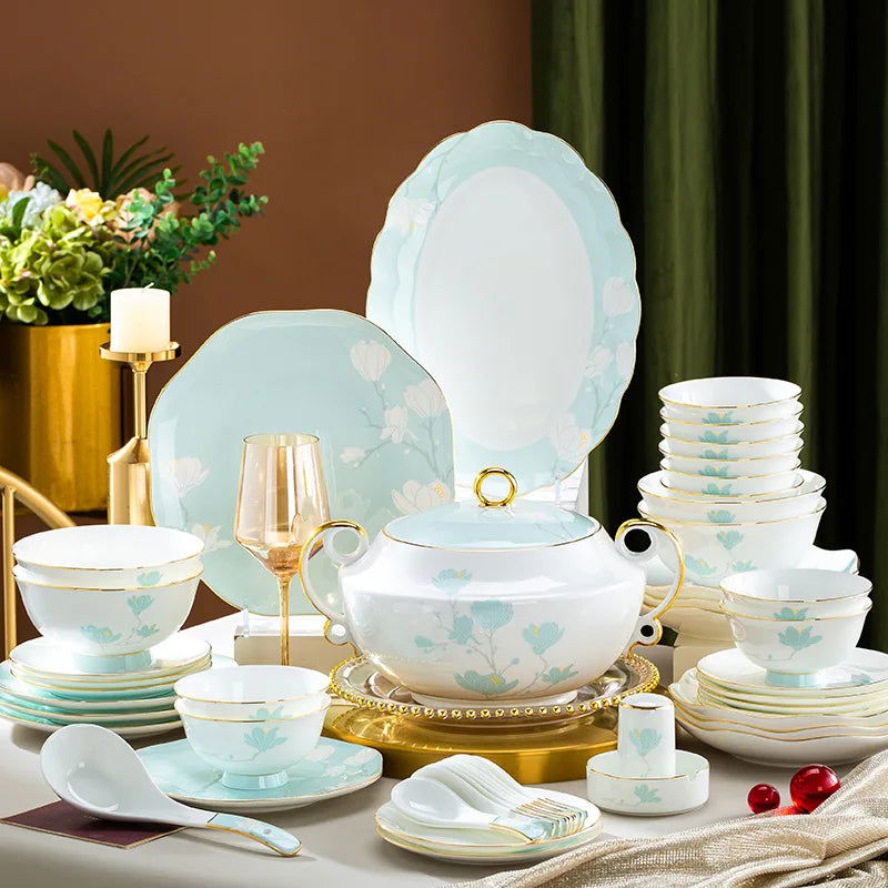 Jingdezhen Ceramic Dish Set Light Luxury Gold Border Bone Porcelain Tableware Set Bowl Plate Chopstick Combination - Grand Goldman