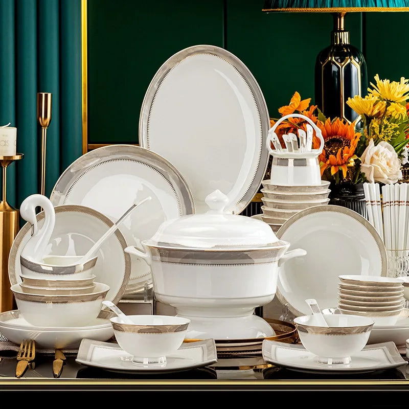 Jingdezhen Ceramic Tableware Light Luxury Bowl Plate Spoon Combination Full Set of Bone Porcelain Bowls and Dishes Household Set - Grand Goldman