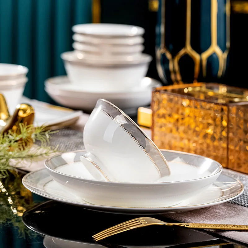 Jingdezhen Ceramic Tableware Light Luxury Bowl Plate Spoon Combination Full Set of Bone Porcelain Bowls and Dishes Household Set - Grand Goldman