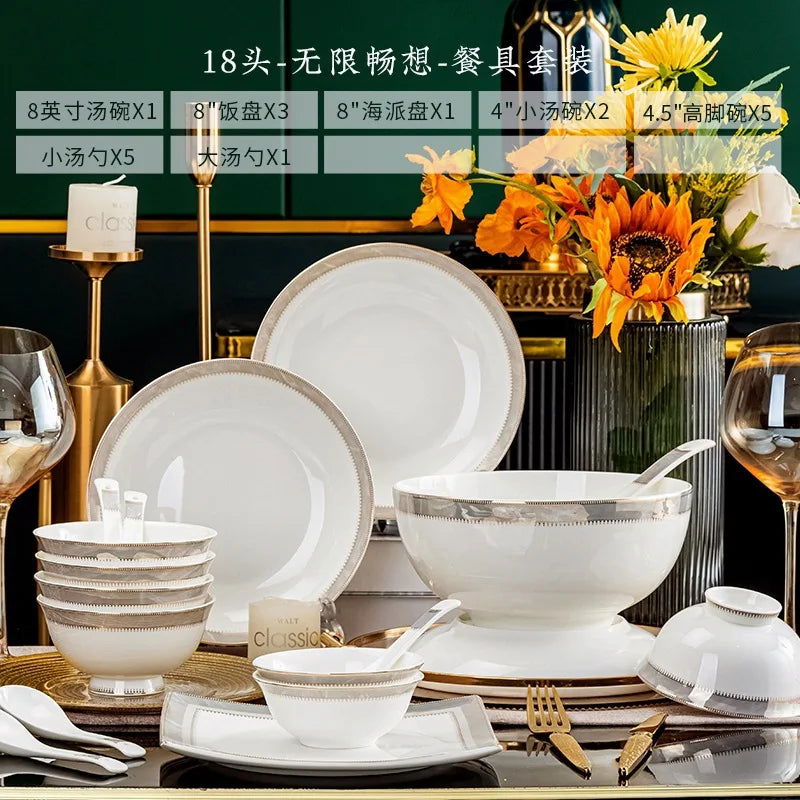 Jingdezhen Ceramic Tableware Light Luxury Bowl Plate Spoon Combination Full Set of Bone Porcelain Bowls and Dishes Household Set - Grand Goldman