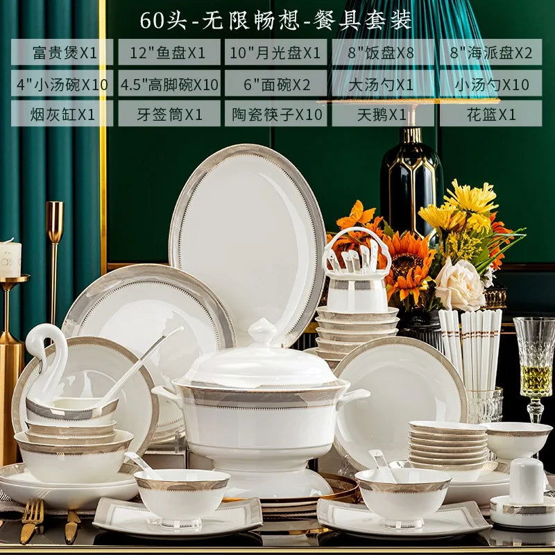 Jingdezhen Ceramic Tableware Light Luxury Bowl Plate Spoon Combination Full Set of Bone Porcelain Bowls and Dishes Household Set - Grand Goldman