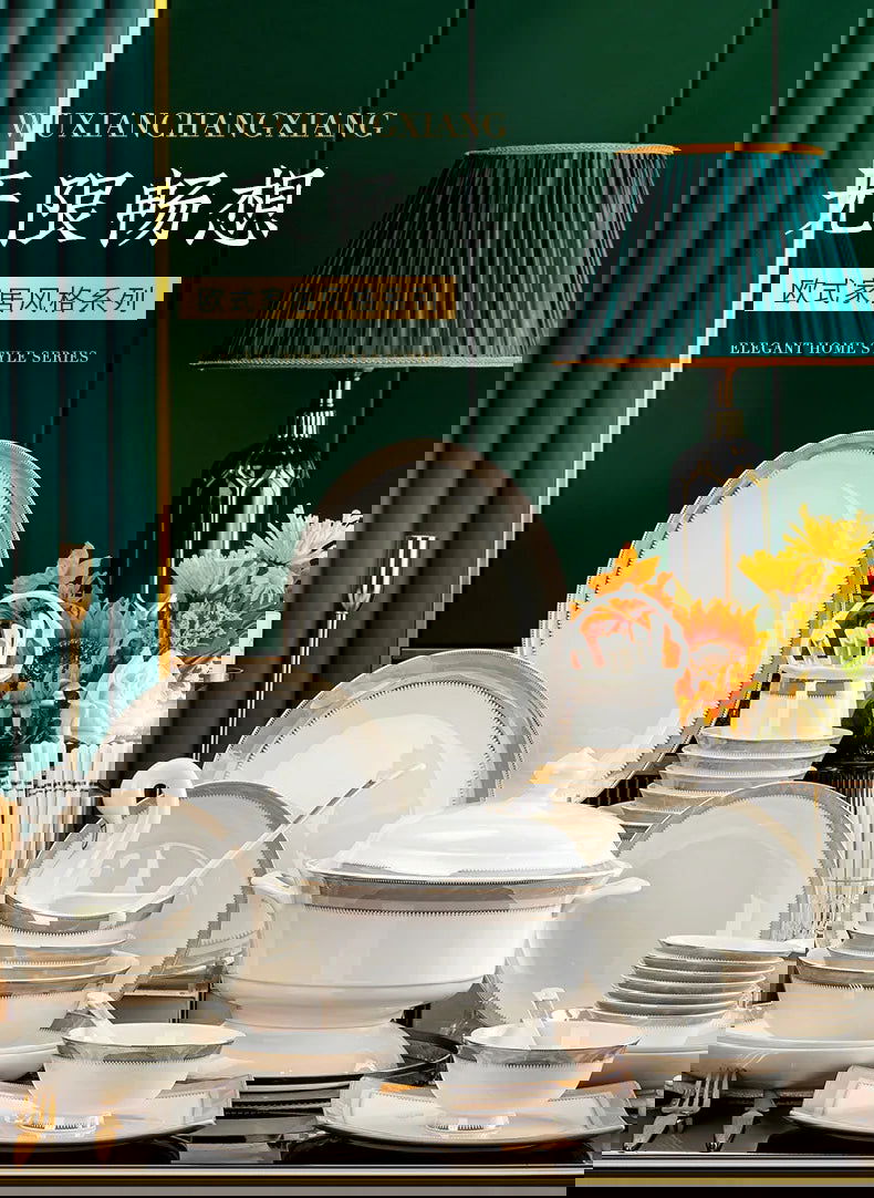 Jingdezhen Ceramic Tableware Light Luxury Bowl Plate Spoon Combination Full Set of Bone Porcelain Bowls and Dishes Household Set - Grand Goldman