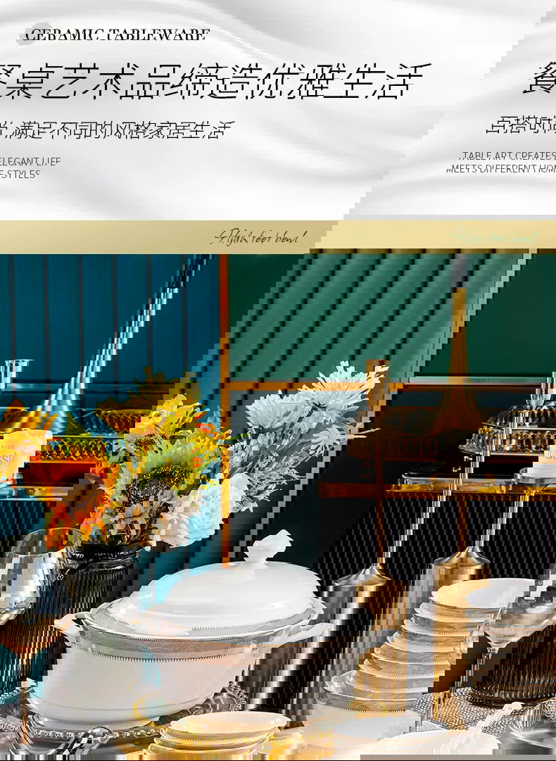 Jingdezhen Ceramic Tableware Light Luxury Bowl Plate Spoon Combination Full Set of Bone Porcelain Bowls and Dishes Household Set - Grand Goldman