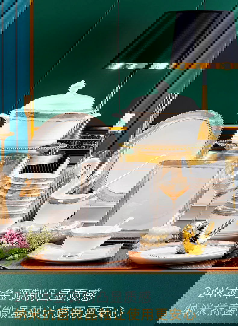 Jingdezhen Ceramic Tableware Light Luxury Bowl Plate Spoon Combination Full Set of Bone Porcelain Bowls and Dishes Household Set - Grand Goldman